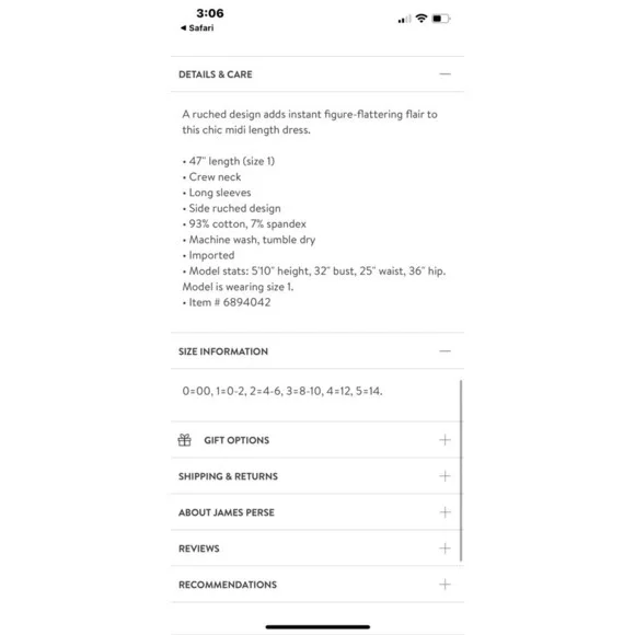 JAMES PERSE Long Sleeve Ruched Midi Dress Women's Sleeve Dress Size 1 - Picture 3 of 4